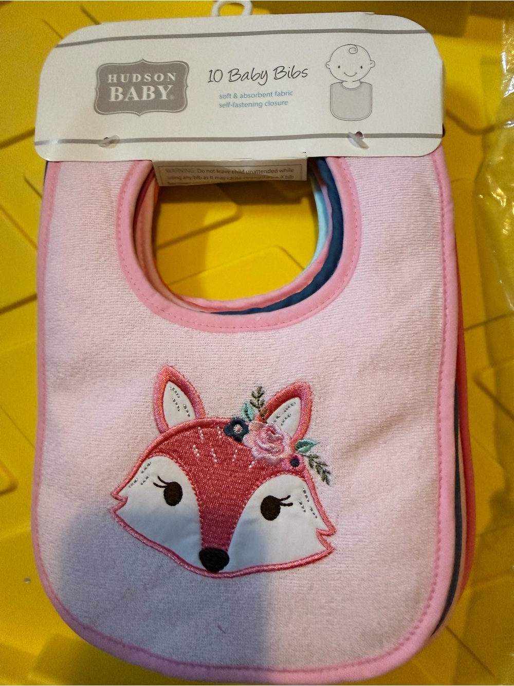 Hudson Baby Pink Fox Embroidered Bib - Floral Accent